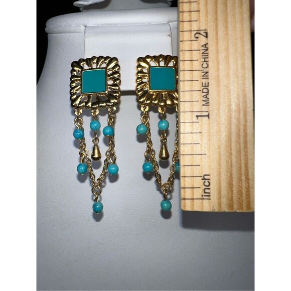 Vintage Boho Gold Tone Enameled and Bead Dangle Earrings - Picture 4 of 7